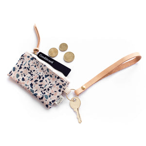 Leather Key Chain with Card/Coin Pouch - Terrazzo Blue Peach I
