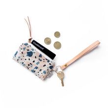 Leather Key Chain with Card/Coin Pouch - Terrazzo Blue Peach II