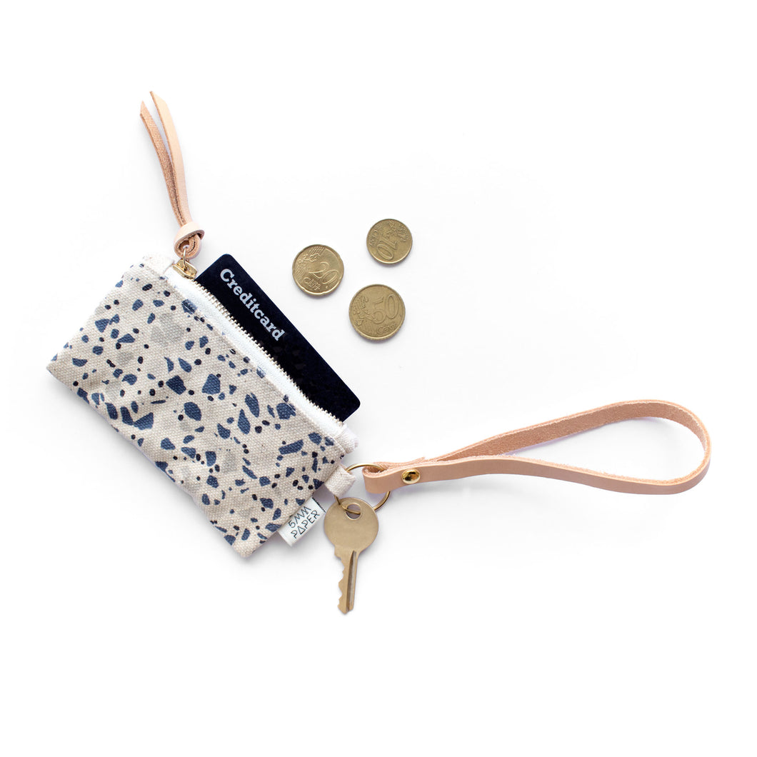 Leather Key Chain with Card/Coin Pouch - Terrazzo Blue Grey II