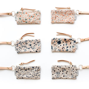 Leather Key Chain with Card/Coin Pouch - Terrazzo Blue Peach I