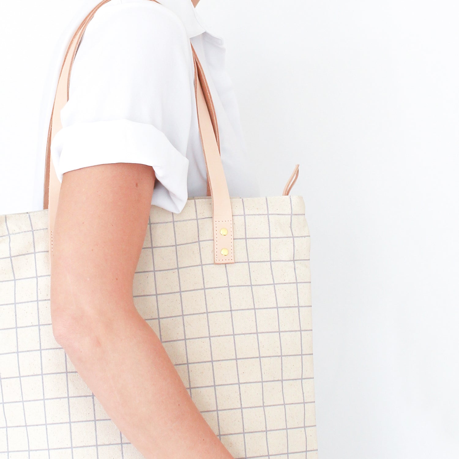 Cotton Canvas Tote Bag with Leather Straps - Ash Blue Grid Lines – 5mm Paper