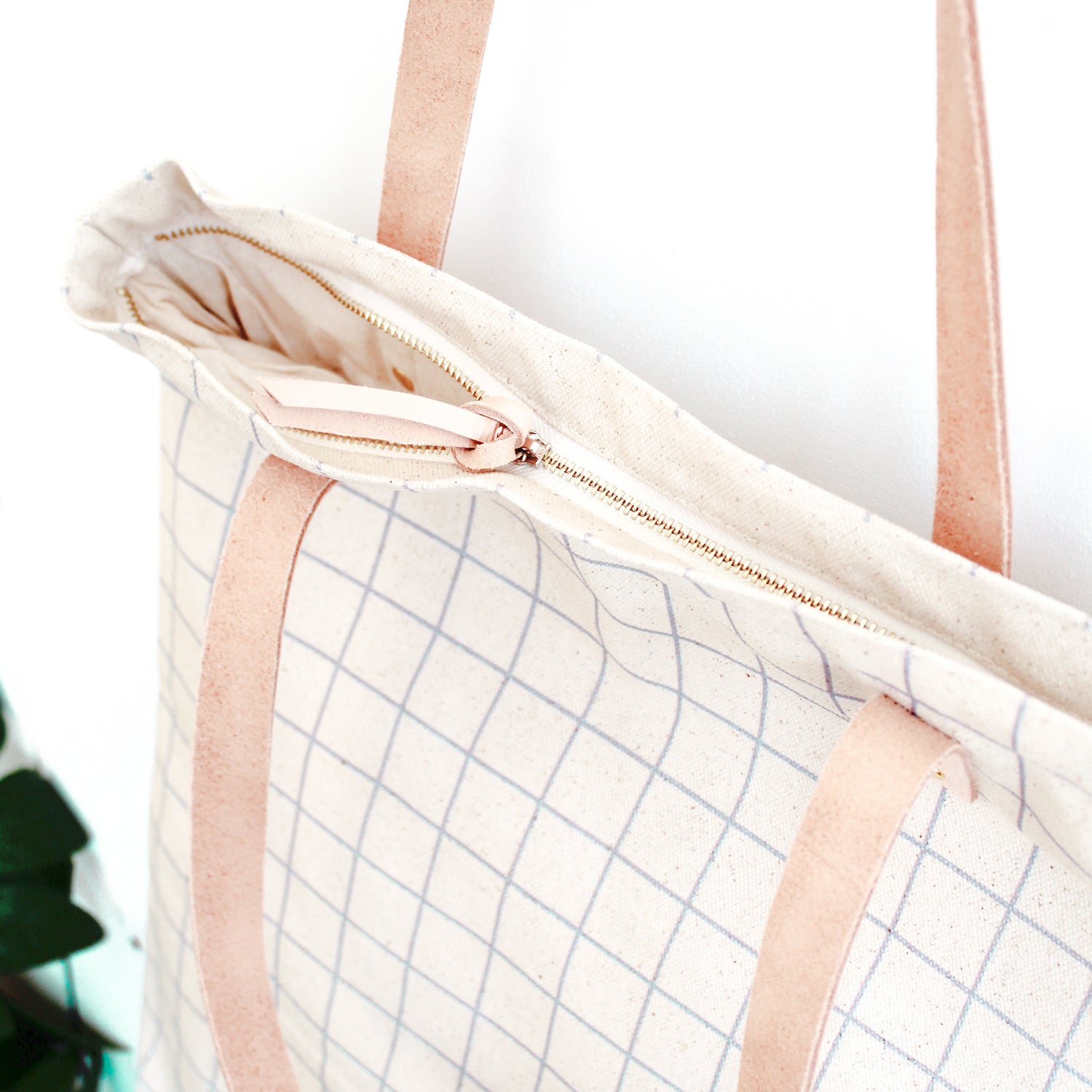 Cotton Canvas Tote Bag with Leather Straps - Ash Blue Grid Lines – 5mm ...
