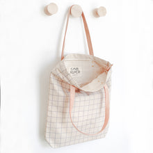 Cotton Canvas Tote Bag with Leather Straps - Ash Blue Grid Lines