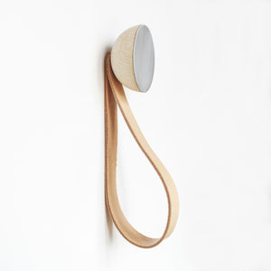 Round Beech Wood & Aluminium Wall Mounted Hook / Hanger with Leather Strap