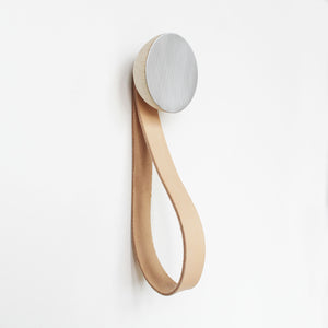 Round Beech Wood & Aluminium Wall Mounted Hook / Hanger with Leather Strap