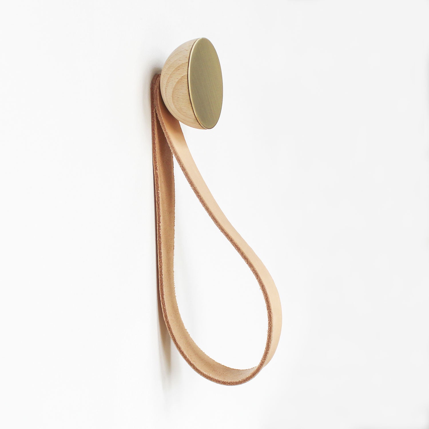Round Beech Wood & Brass Wall Mounted Coat Hook / Hanger with