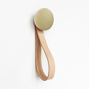 Round Beech Wood & Brass Wall Mounted Coat Hook / Hanger with Leather Strap