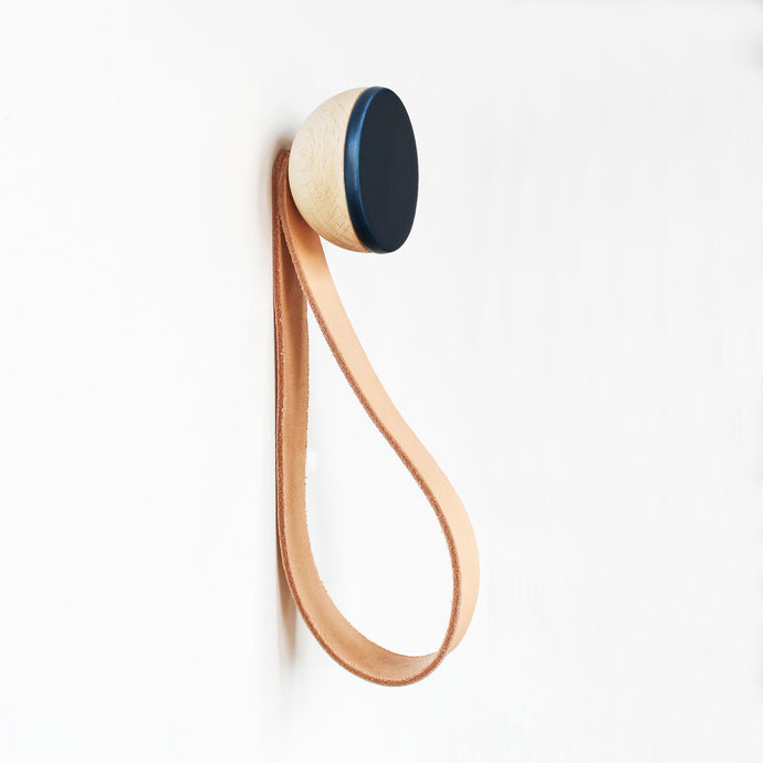 Round Beech Wood & Ceramic Wall Mounted Coat Hook / Hanger with Leather Strap - Dark Blue