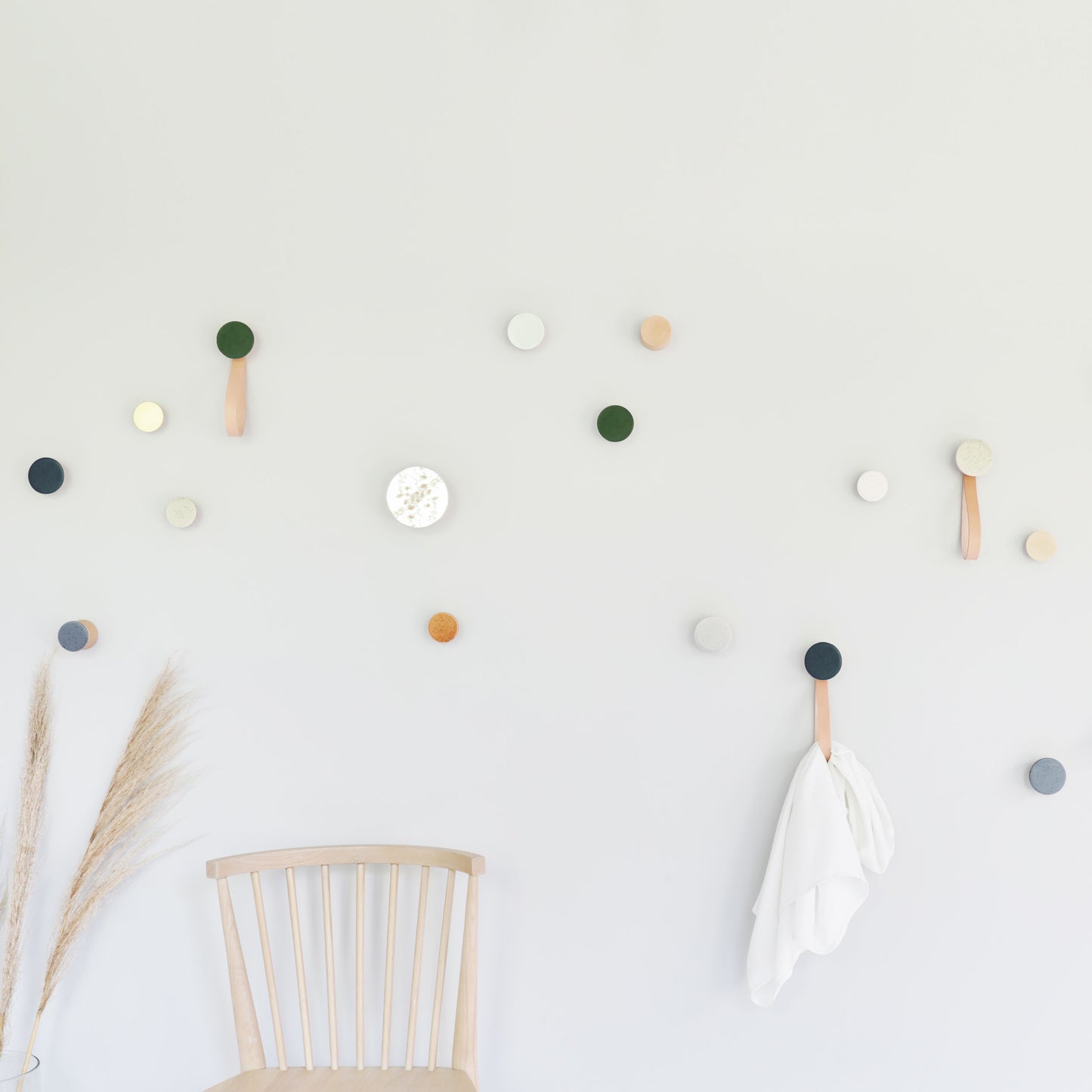 Round Beech Wood & Ceramic Wall Mounted Coat Hook / Hanger with Leather Strap - Dark Blue