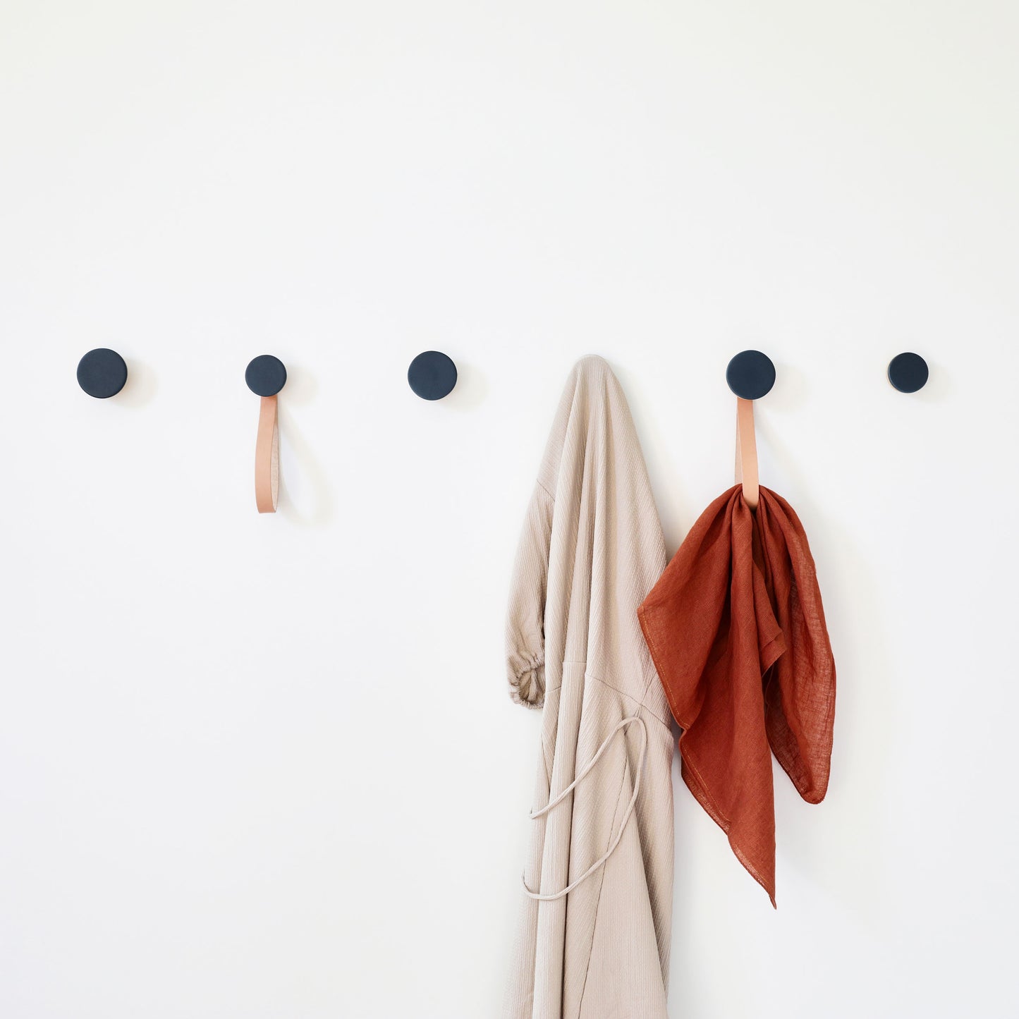 Round Beech Wood & Ceramic Wall Mounted Coat Hook / Hanger with Leather Strap - Dark Blue