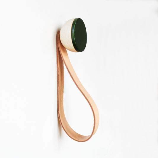 Round Beech Wood & Ceramic Wall Mounted Coat Hook / Hanger with Leather Strap - Dark Green