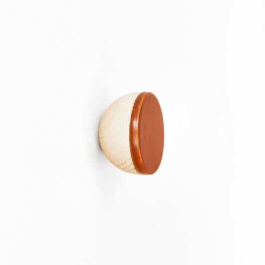 Round Beech Wood & Ceramic Wall Mounted Coat Hook / Knob - Dark Terracotta Orange