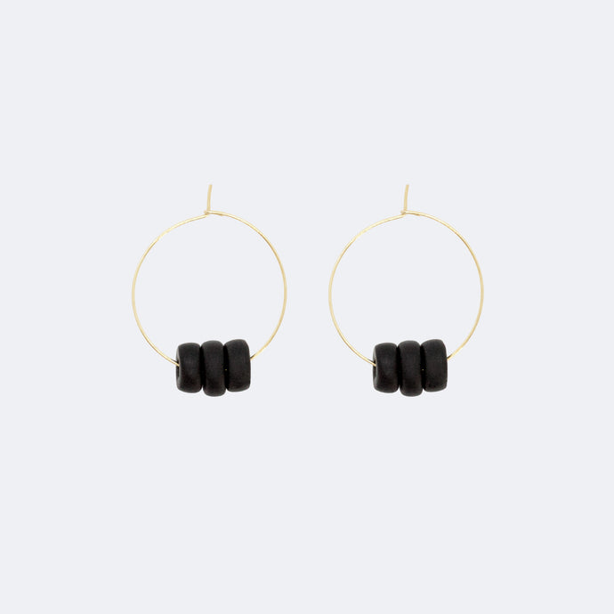 Gold Hoop Earrings - Black Disk Beads
