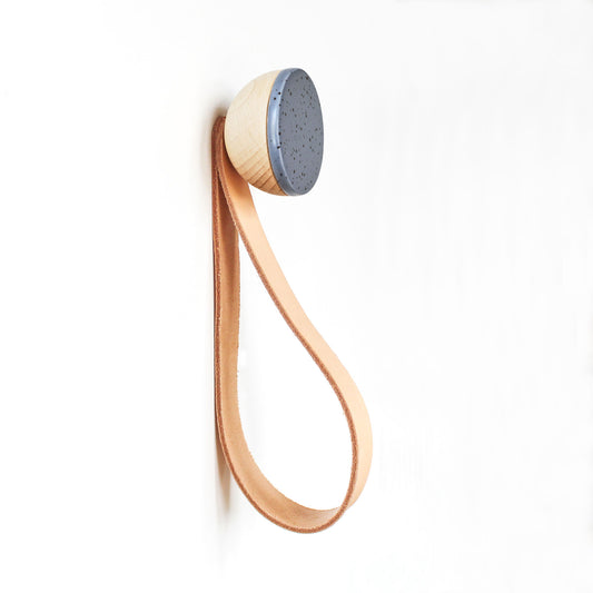 Round Beech Wood & Ceramic Wall Mounted Coat Hook / Hanger with Leather Strap - Blue Black Specks