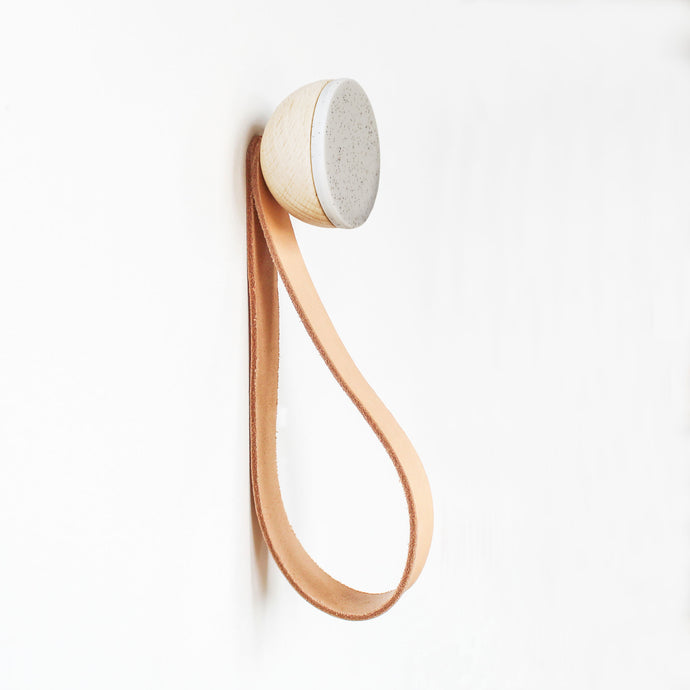 Round Beech Wood & Ceramic Wall Mounted Coat Hook / Hanger with Leather Strap - Grey Sand
