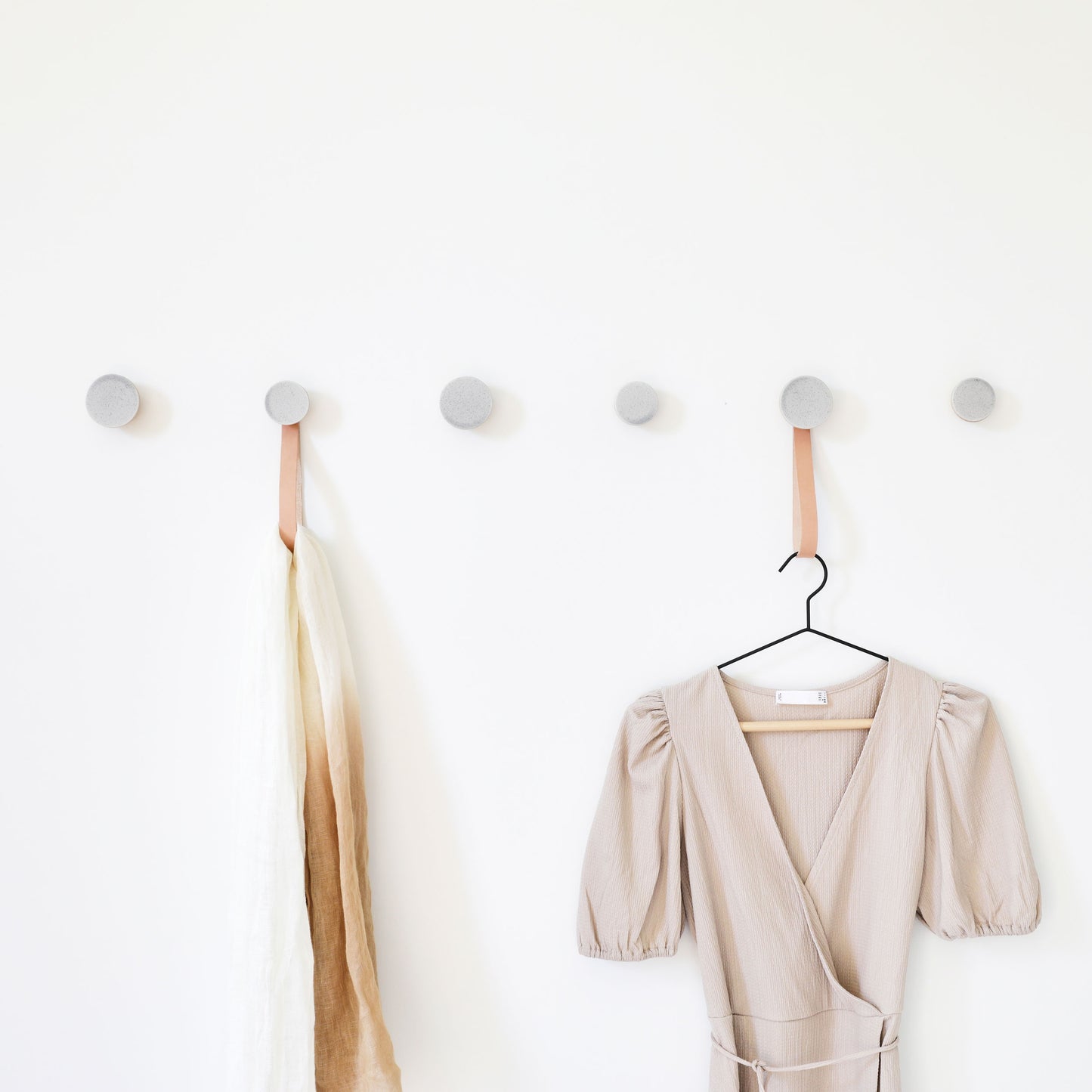 Round Beech Wood & Ceramic Wall Mounted Coat Hook / Hanger with Leather Strap - Grey Sand