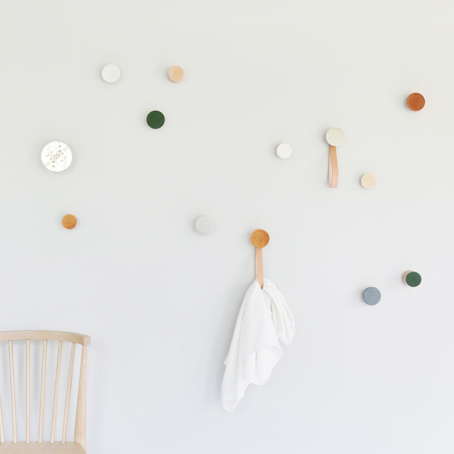 Round Beech Wood & Ceramic Wall Mounted Coat Hook / Hanger with Leather Strap - Terracotta Orange Specks