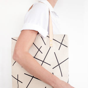 Cotton Canvas Tote Bag with Leather Straps - Black Mikado Lines Pattern