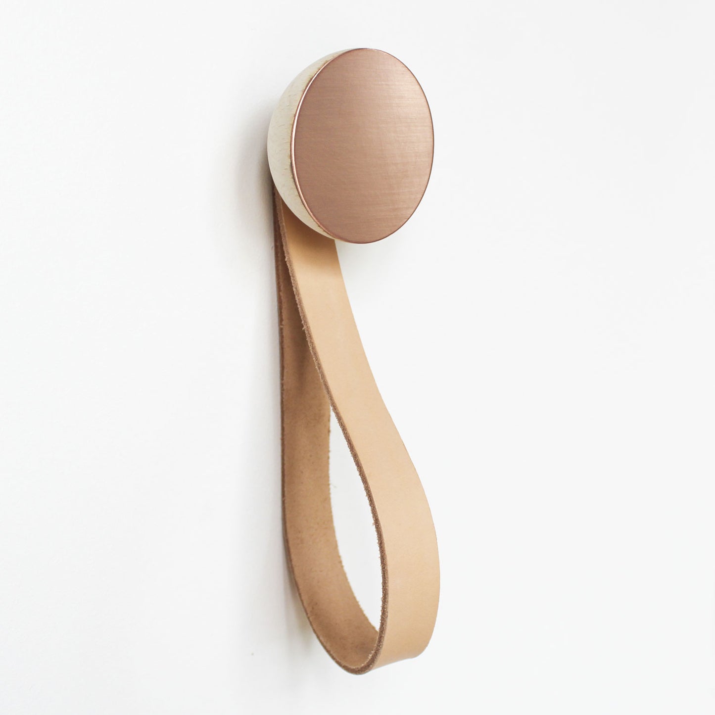 Round Beech Wood & Copper Wall Mounted Coat Hook / Hanger with Leather Strap