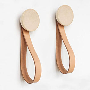 Round Beech Wood Wall Mounted Coat Hook / Hanger with Leather Strap