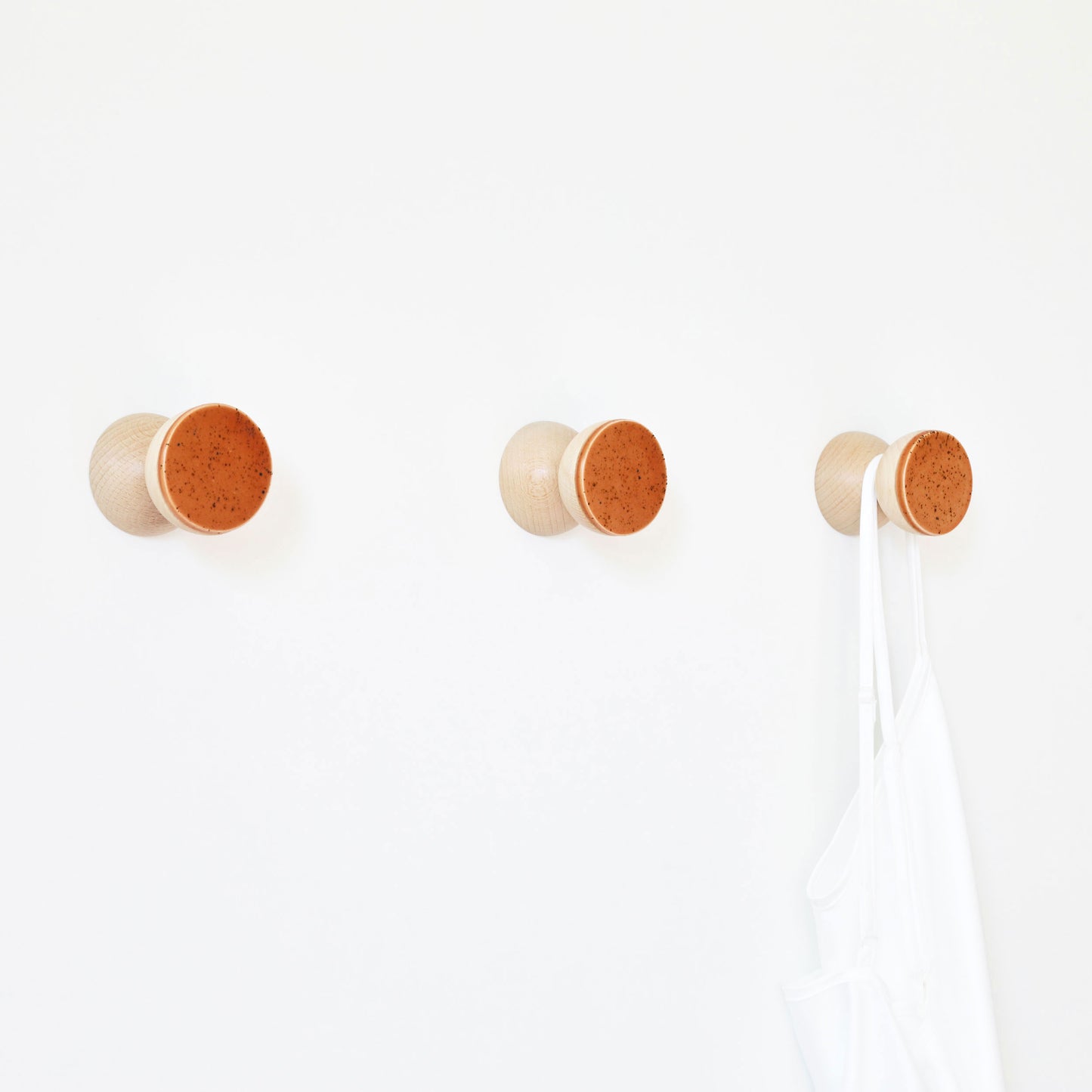 Geometric Beech Wood & Ceramic Wall Mounted Coat Hook / Knob - Terracotta Orange Specks