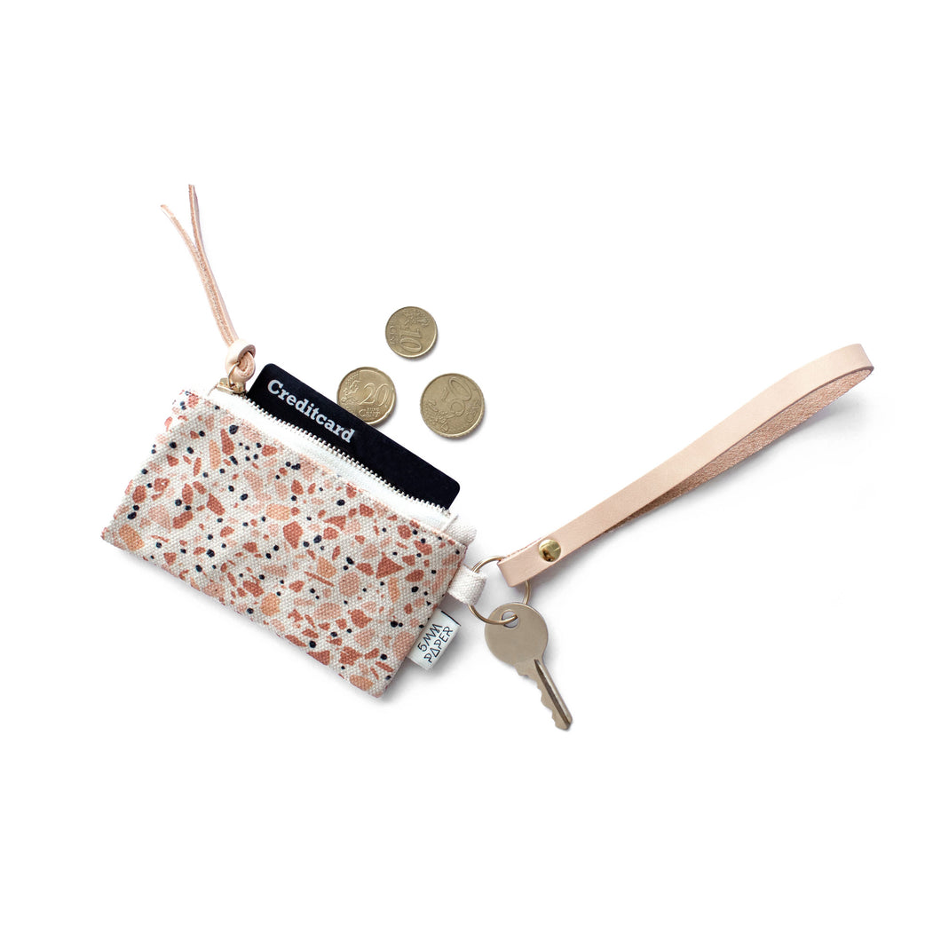 Leather Key Chain with Card/Coin Pouch - Terrazzo Terracotta