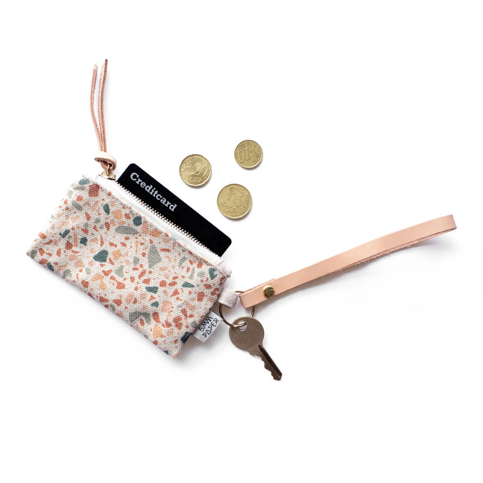 Leather Key Chain with Card/Coin Pouch - Terrazzo Terracotta Green