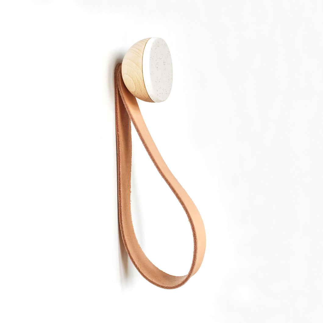 Round Beech Wood & Ceramic Wall Mounted Coat Hook / Hanger with Leather Strap - White Sand